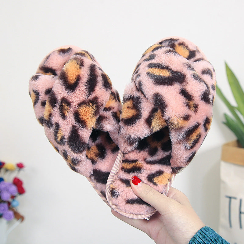 Cross-strap Fuzzy Slippers Leopard Plush House Shoes