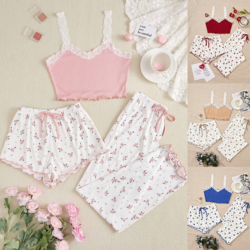 Sexy Floral Lace Sling Three-piece Set Pajamas