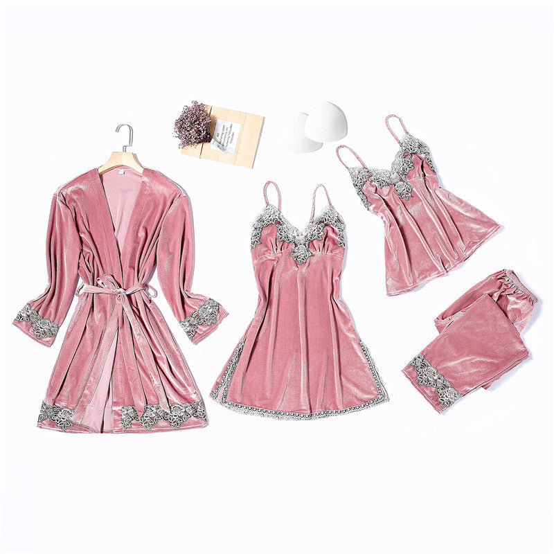 Gold Velvet Pajamas Four-piece Set Suspender Trousers Nightgown Sexy Homewear