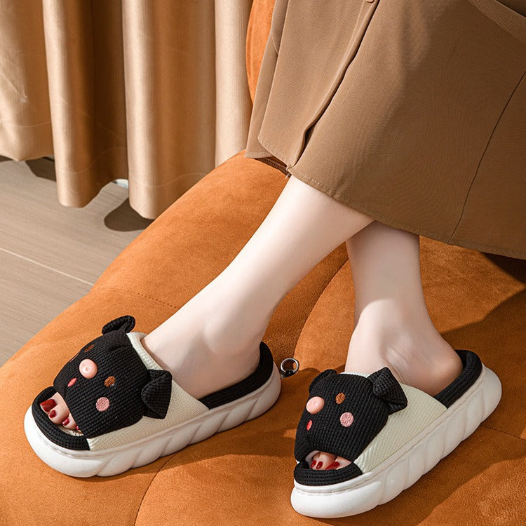 Cute Cartoon Piggy Open Toe Linen Home Slippers