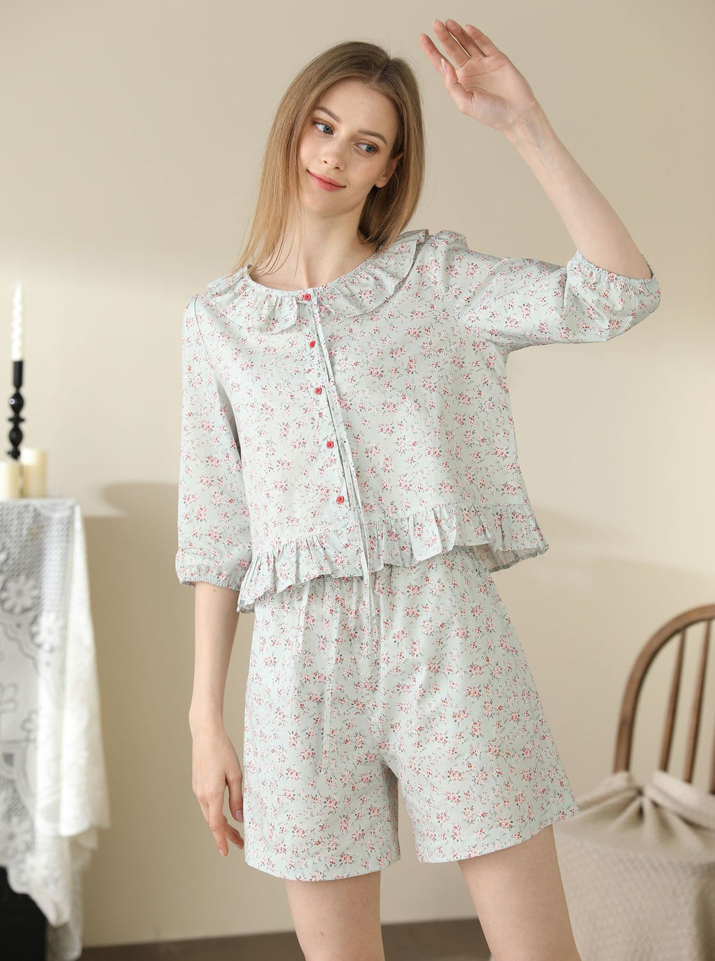 Cute Small Floral Cardigan Lace Collar Cotton Pajamas
