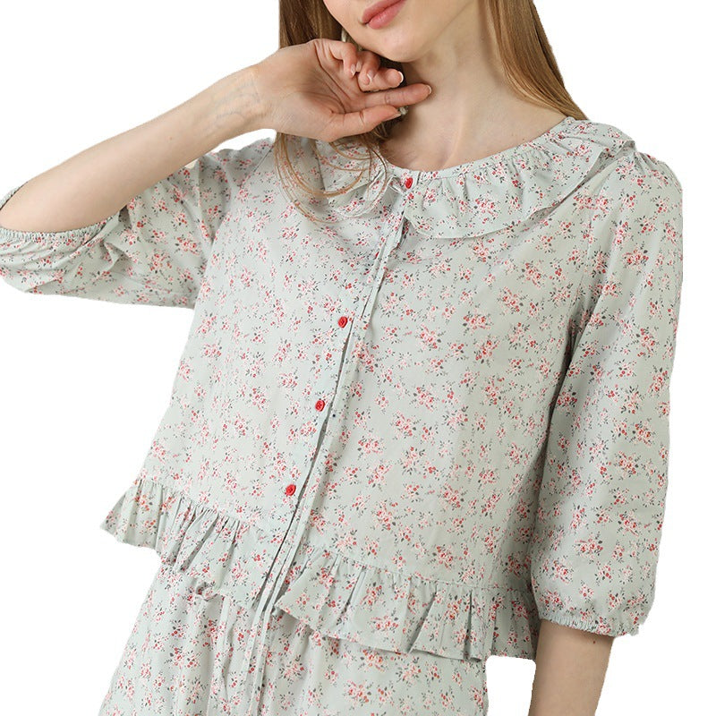 Cute Small Floral Cardigan Lace Collar Cotton Pajamas