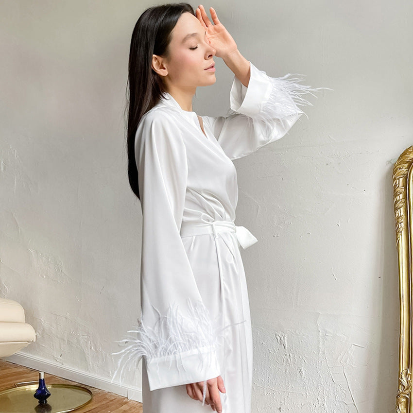 Women's Long Sleeve Feather Bow Satin Robe