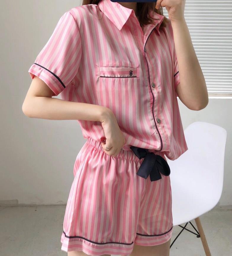 Striped Printed Short-sleeved Shorts Set Satin Pajamas