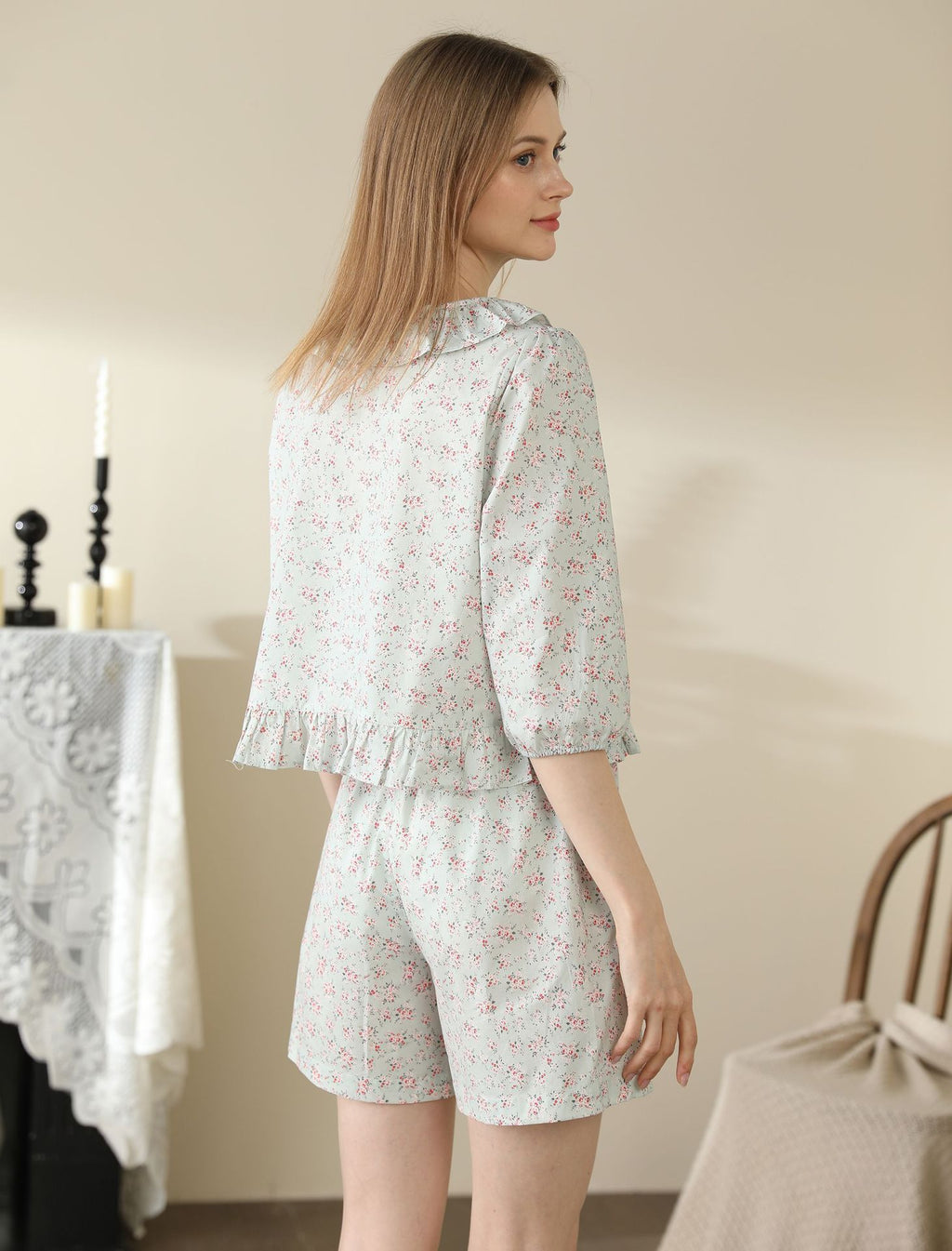 Cute Small Floral Cardigan Lace Collar Cotton Pajamas
