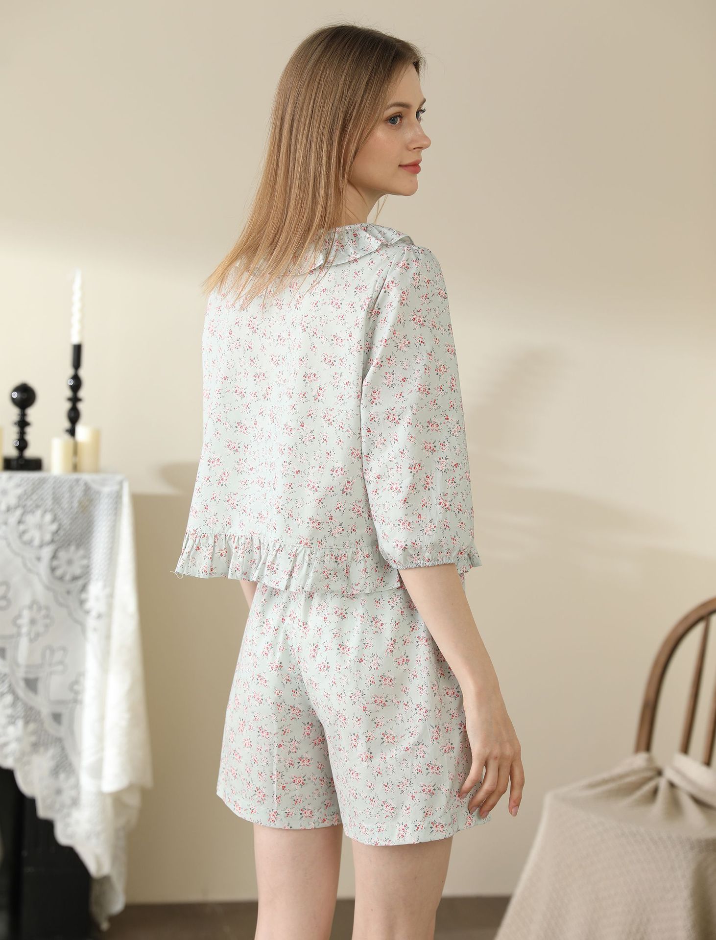 Cute Small Floral Cardigan Lace Collar Cotton Pajamas