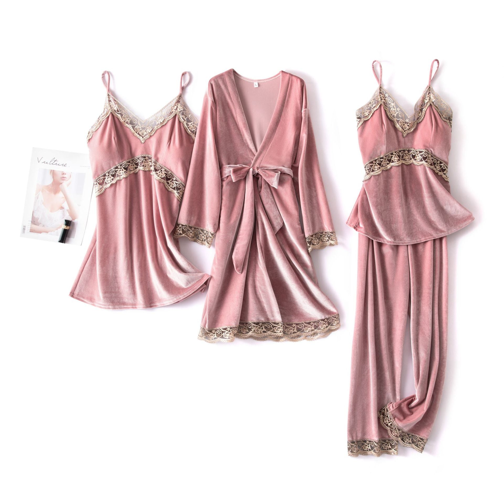 Sexy Sling Velvet 4-Piece Long-Sleeved Nightgown With Chest Pad