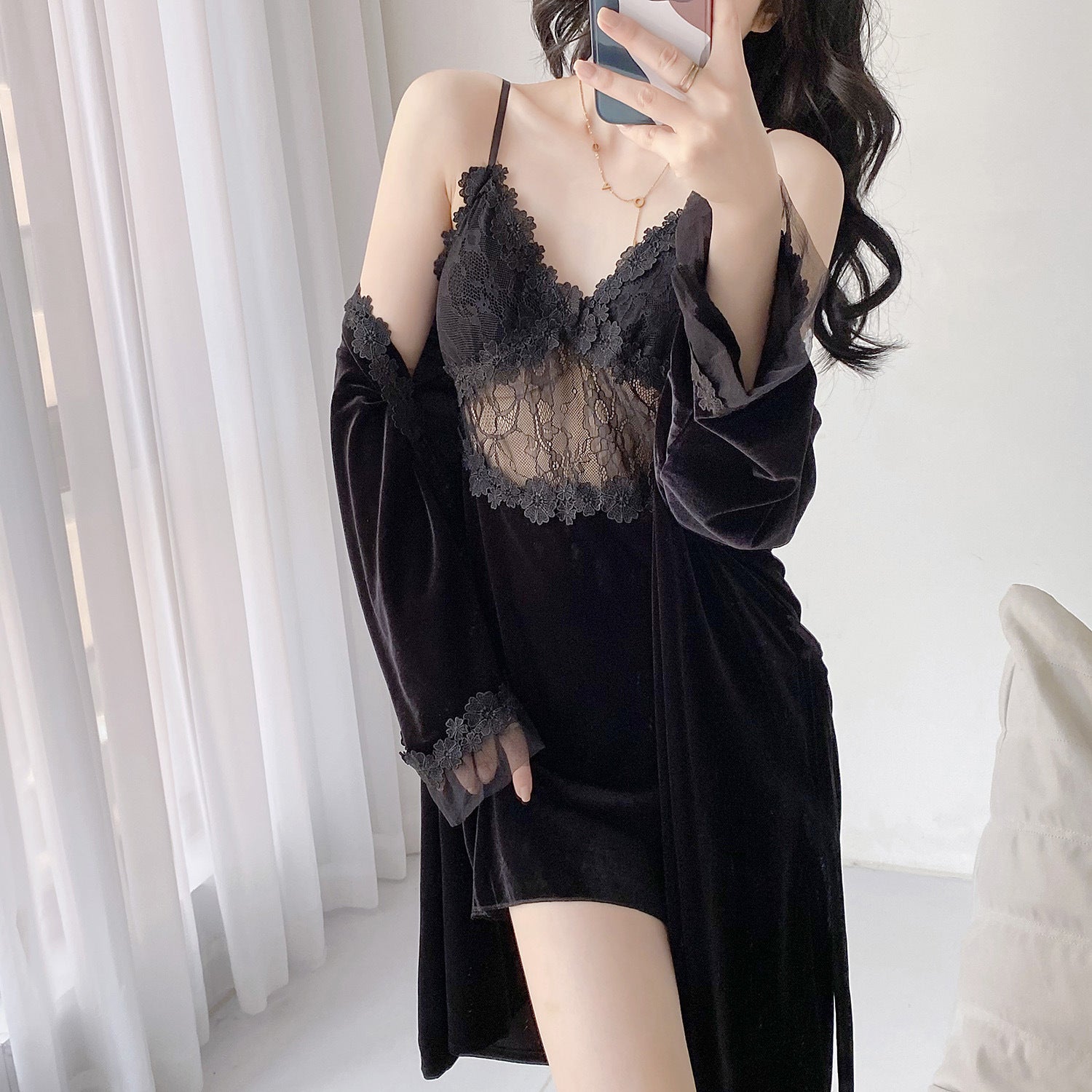 Long Sleeve Nightgown Sexy Lace Sling