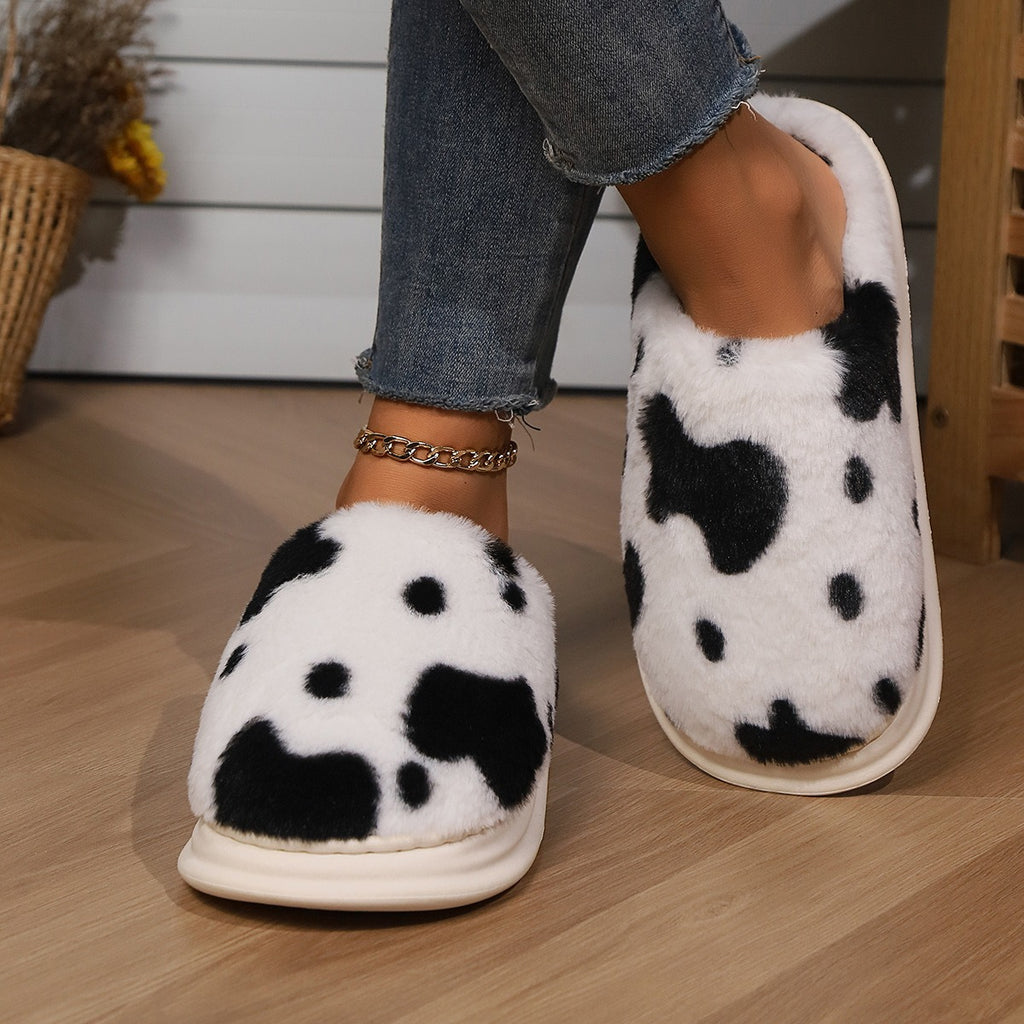Cow Spotted Plush Warm Non-slip Bedroom Floor Fuzzy Slippers