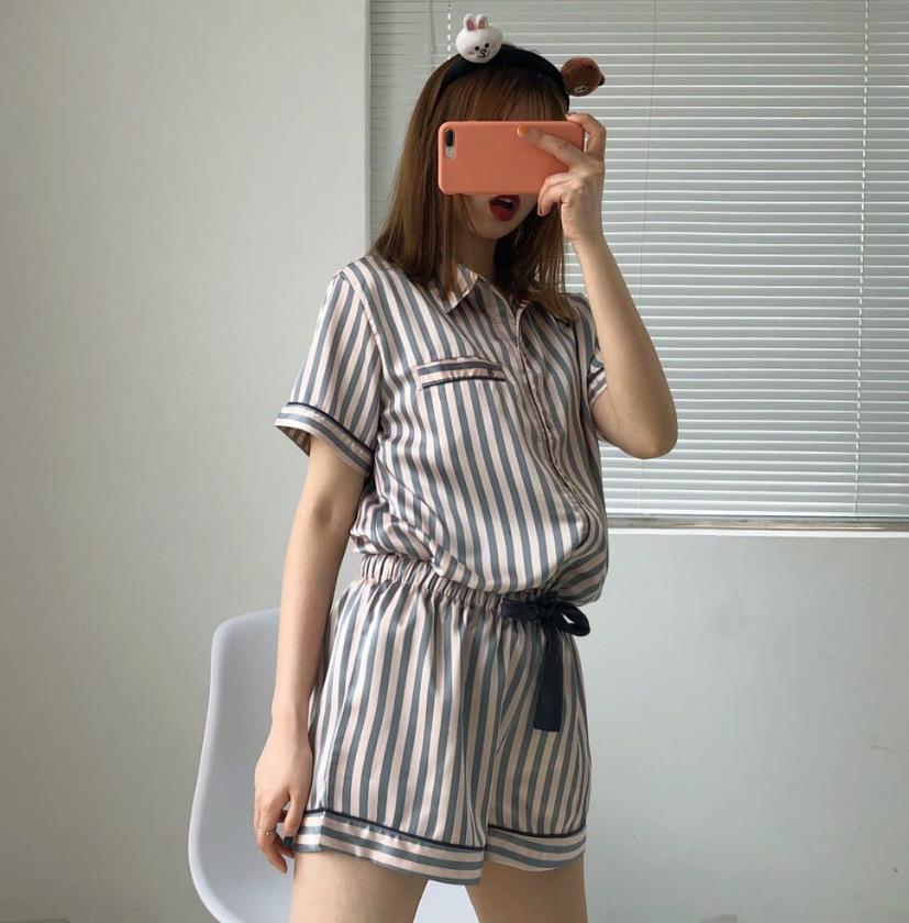 Striped Printed Short-sleeved Shorts Set Satin Pajamas