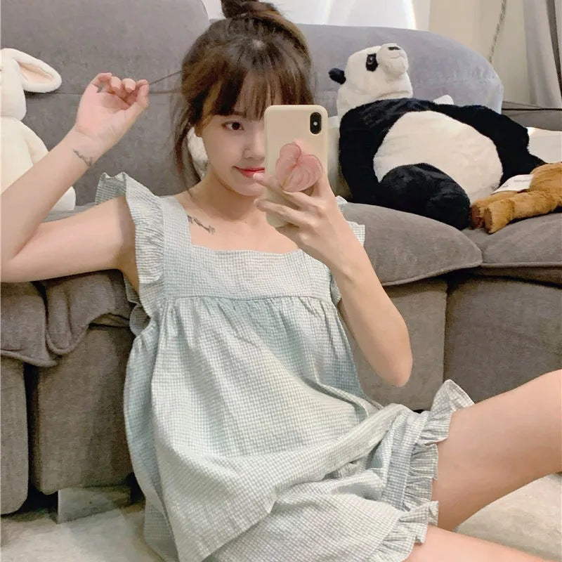 Cute Checked Pajamas Two-piece Set