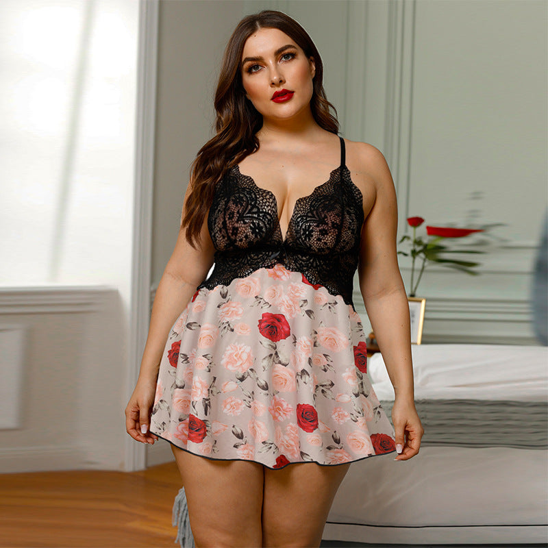 Women's Plus Size Deep V-neck Lace Stitching Pajama Dress