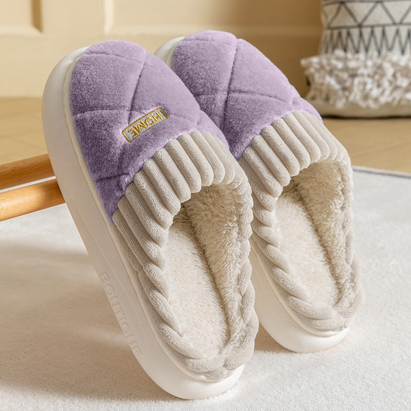 Rhombic Sewing Plush Slippers Winter Warm Non-slip House Shoes