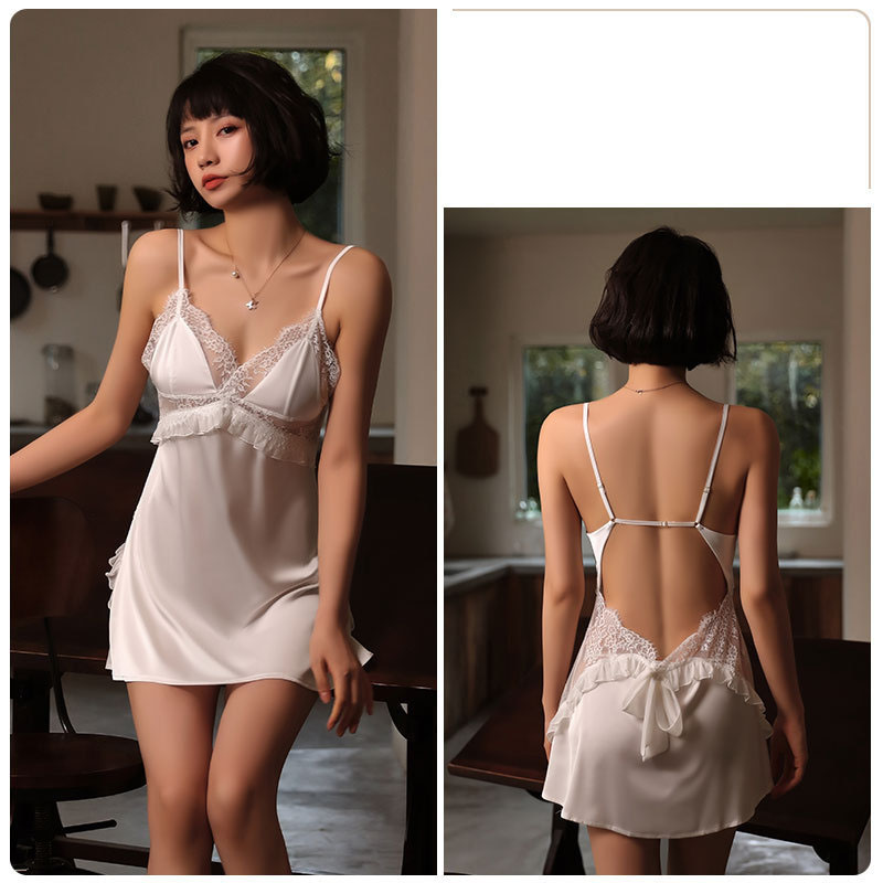 Sexy Deep V Stitching Lace Cross Halter Nightdress