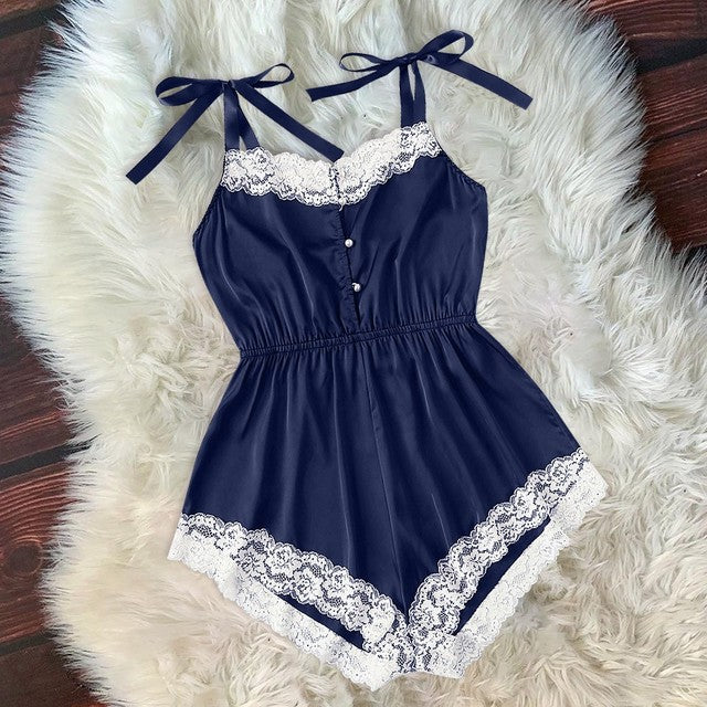 Ladies Sexy Silk Satin Lace Pajama Onesie
