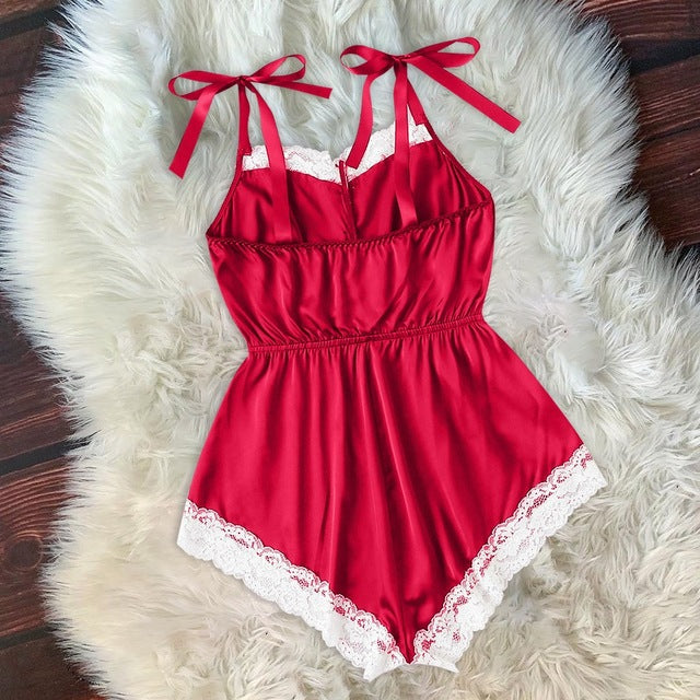 Ladies Sexy Silk Satin Lace Pajama Onesie