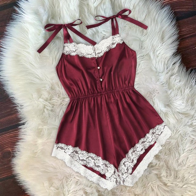 Ladies Sexy Silk Satin Lace Pajama Onesie