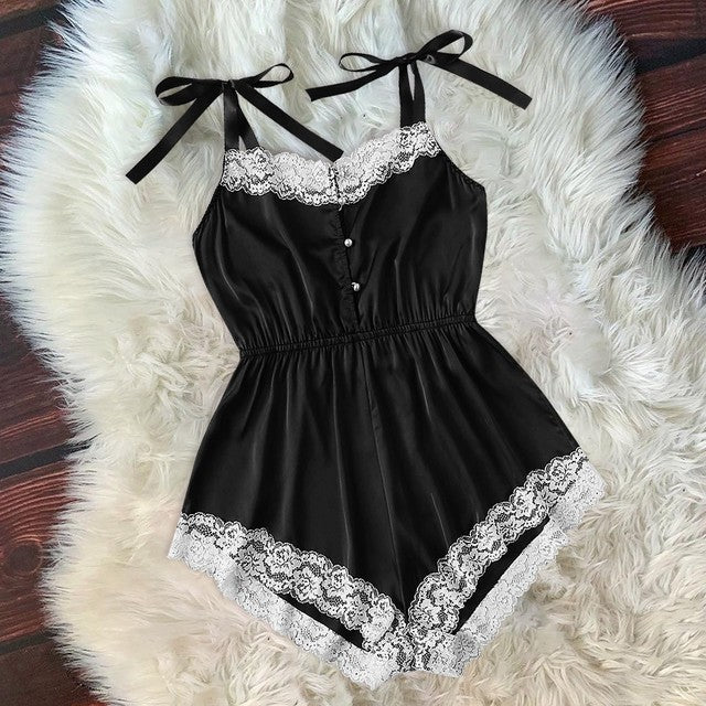 Ladies Sexy Silk Satin Lace Pajama Onesie