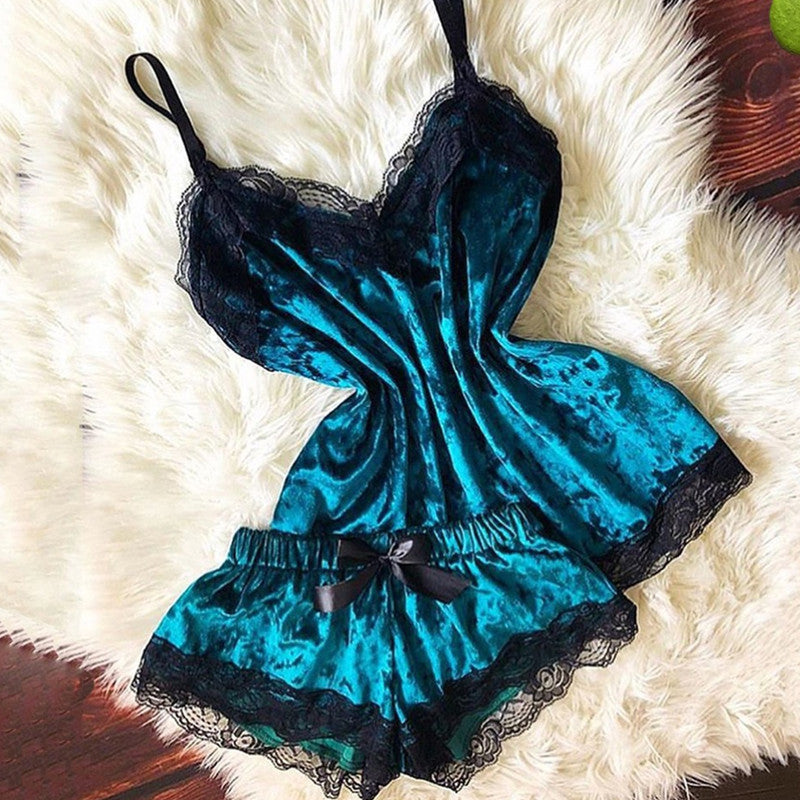 Gold Velvet Shorts Lace Pajamas