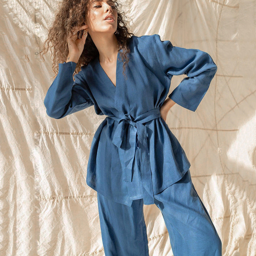 Cotton Linen Women Pajama Robe Sets Lace Up Long Sleeve