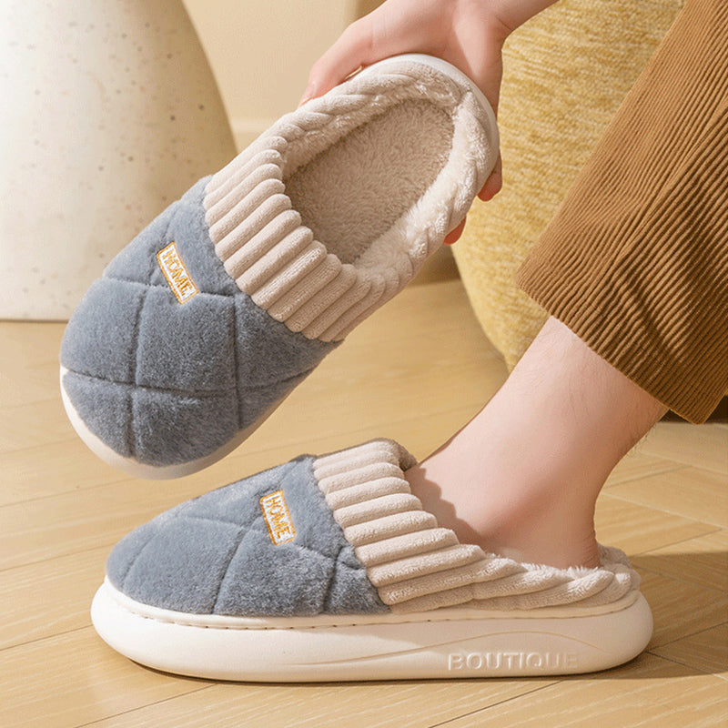 Rhombic Sewing Plush Slippers Winter Warm Non-slip House Shoes