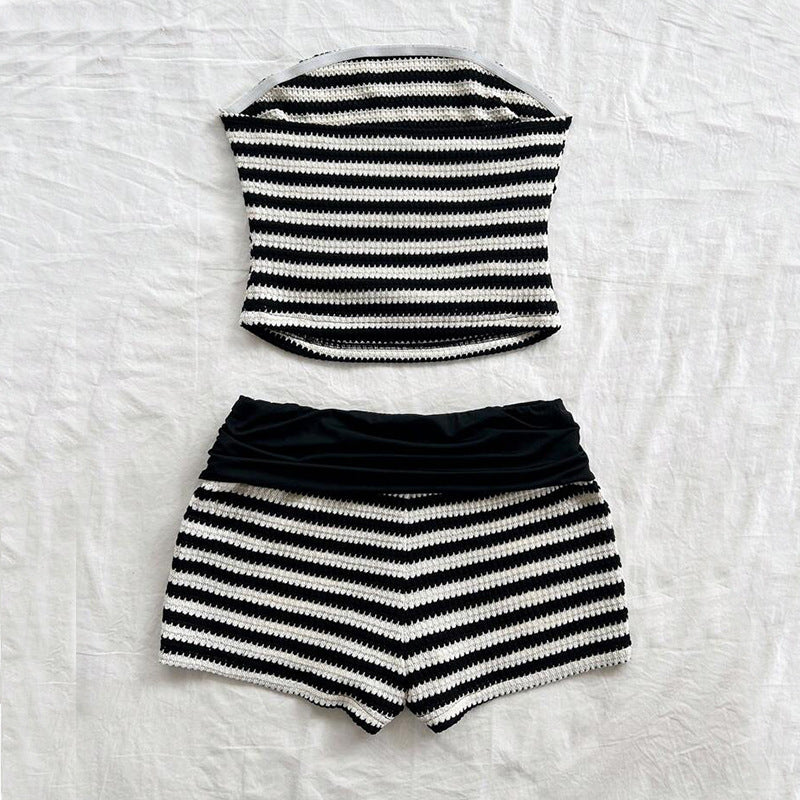 Stripes Tube Top & Shorts Pants Two-piece Set