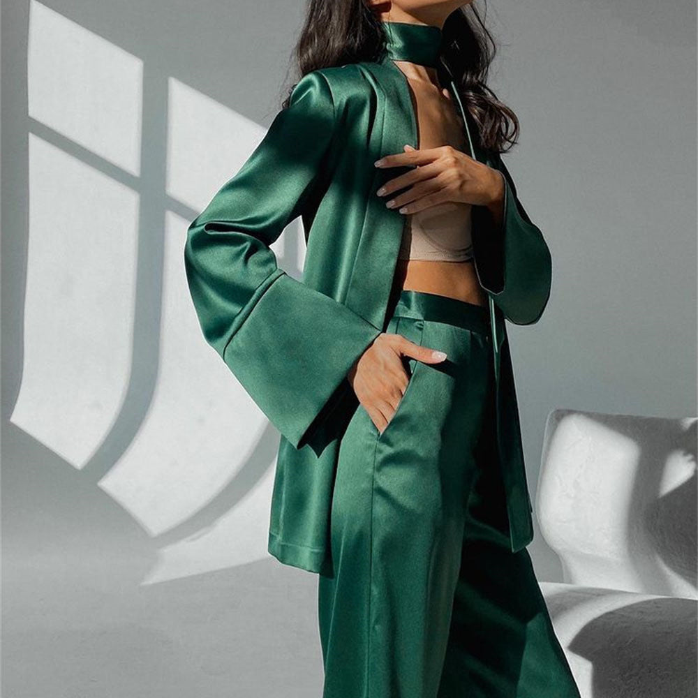 Satin Two Piece Loose Cardigan Pajama Set