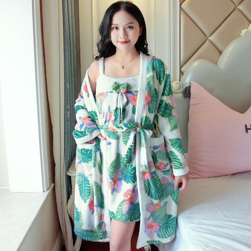 Thick Warm Long-sleeved Nightgown With Two-piece Suspenders