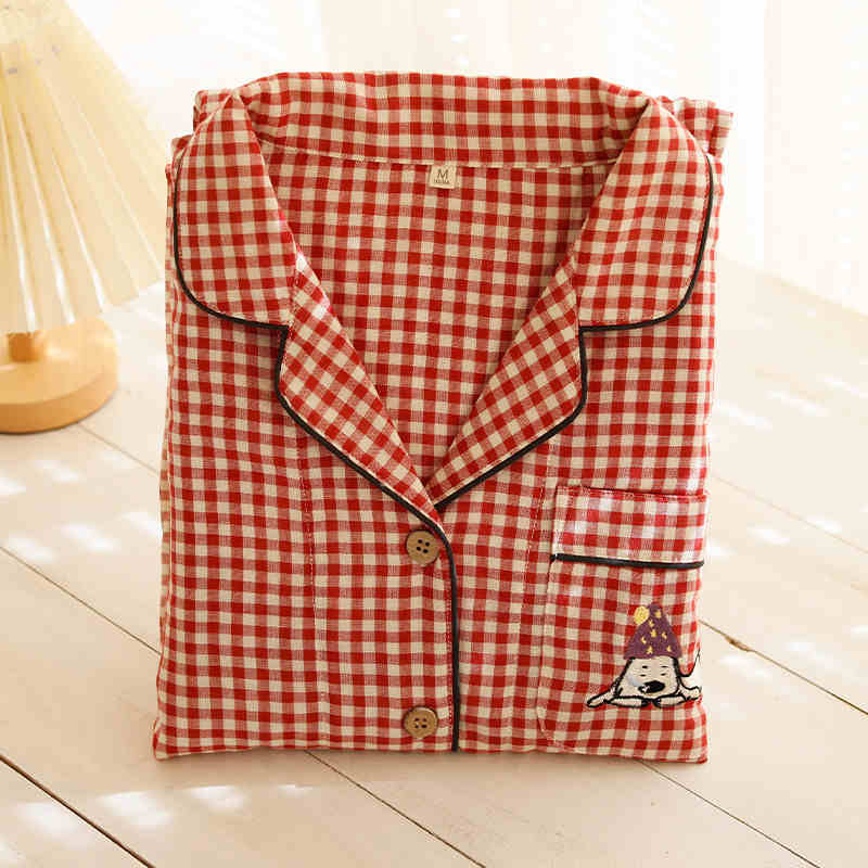 Cotton Gauze Embroidered Plaid Outdoor Casual Pajamas