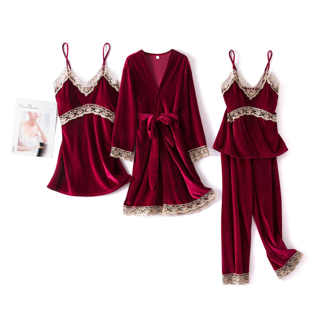 Sexy Sling Velvet 4-Piece Long-Sleeved Nightgown With Chest Pad