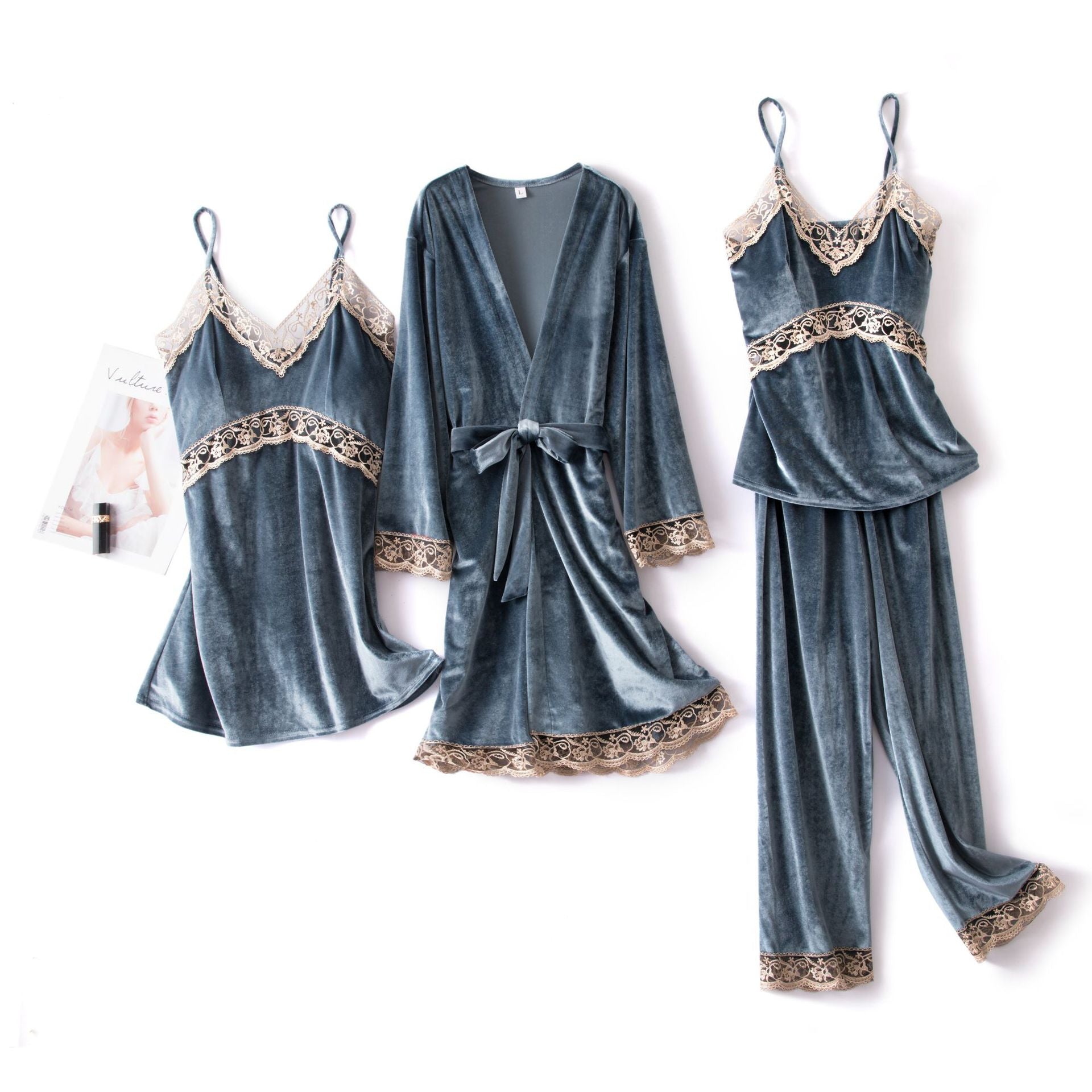 Sexy Sling Velvet 4-Piece Long-Sleeved Nightgown With Chest Pad