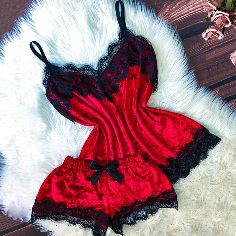 Gold Velvet Shorts Lace Pajamas