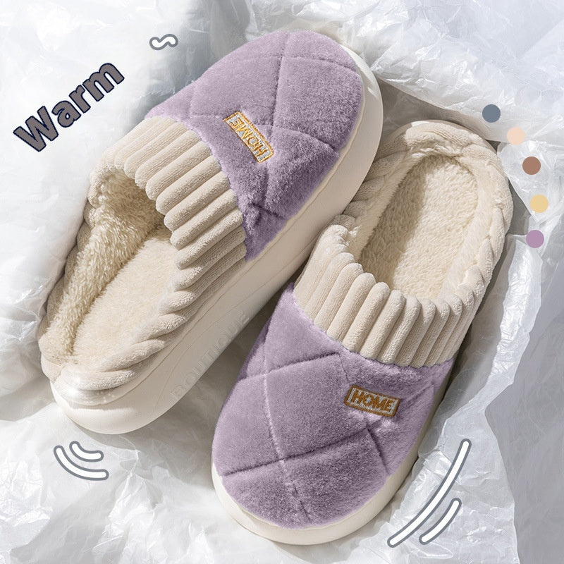 Rhombic Sewing Plush Slippers Winter Warm Non-slip House Shoes