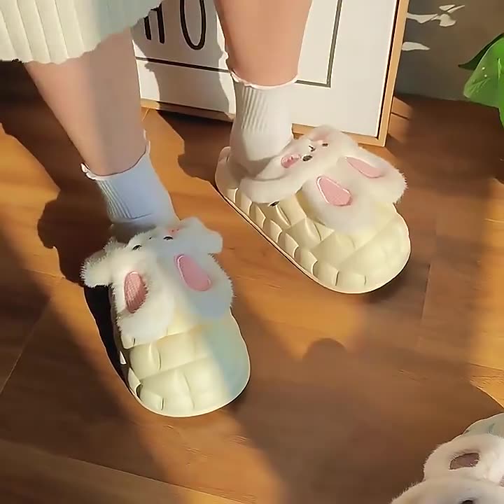 Cute Rabbit Fuzzy Slippers Women Detachable Washable House Shoes