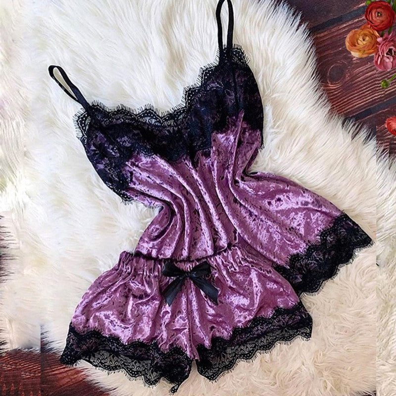 Gold Velvet Shorts Lace Pajamas