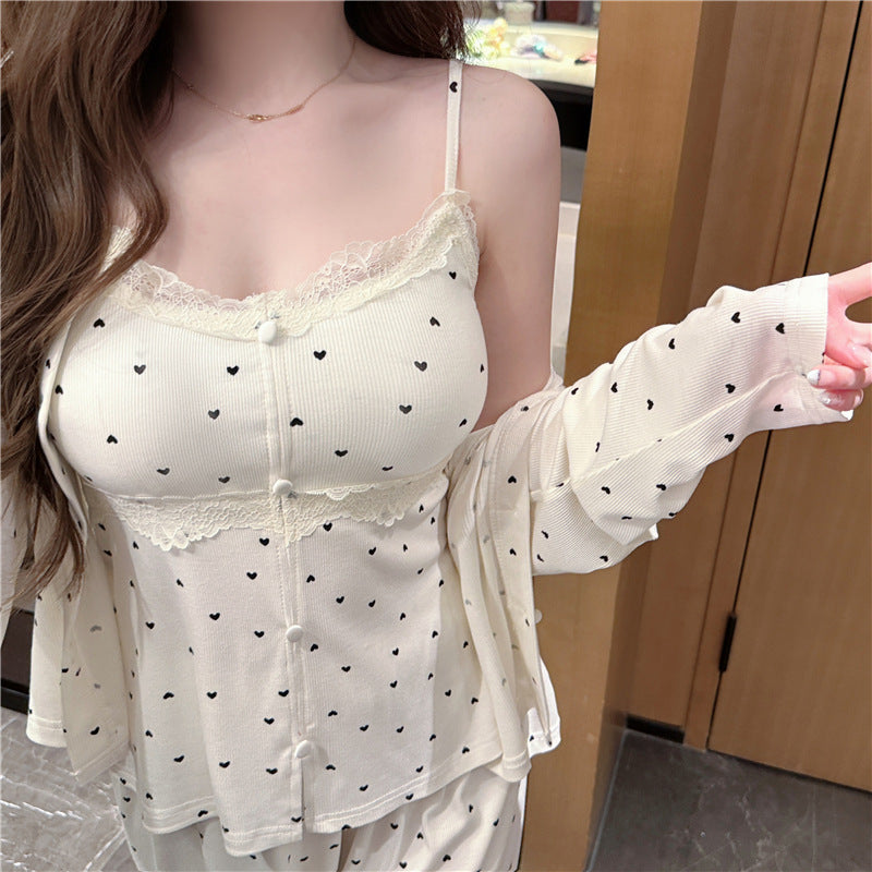 Cotton Heart Printed Long-sleeved Trousers Sling Three-piece Set