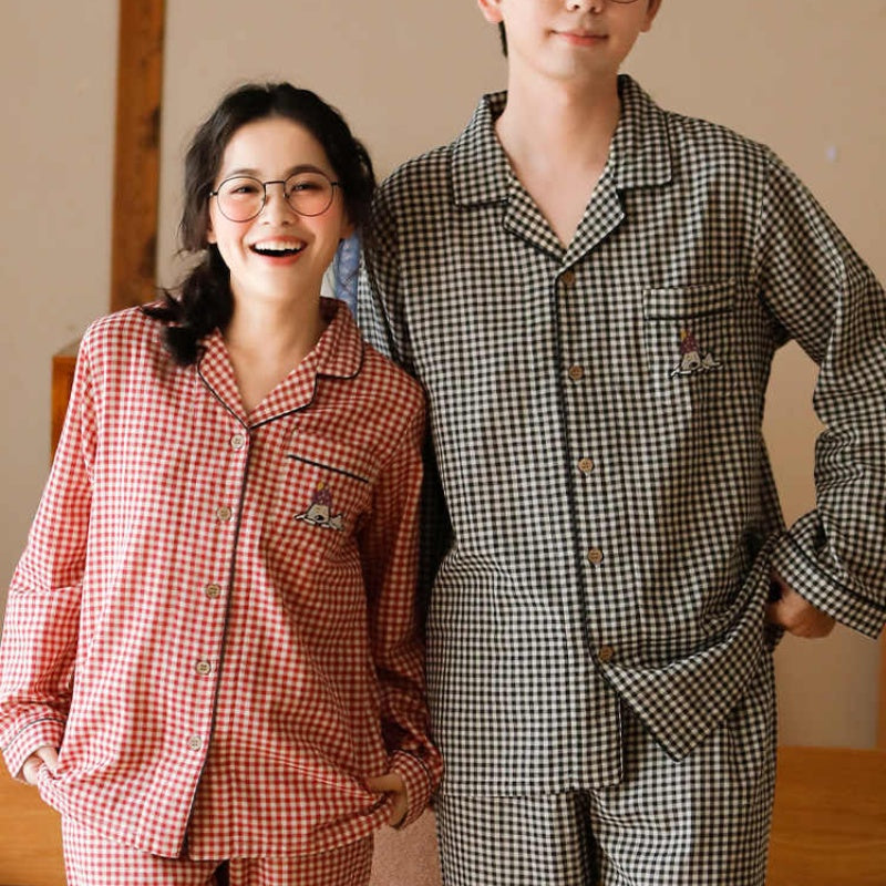 Cotton Gauze Embroidered Plaid Outdoor Casual Pajamas