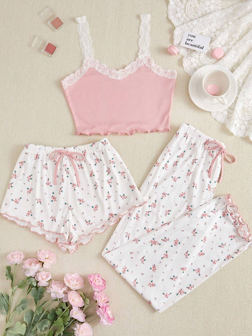 Sexy Floral Lace Sling Three-piece Set Pajamas