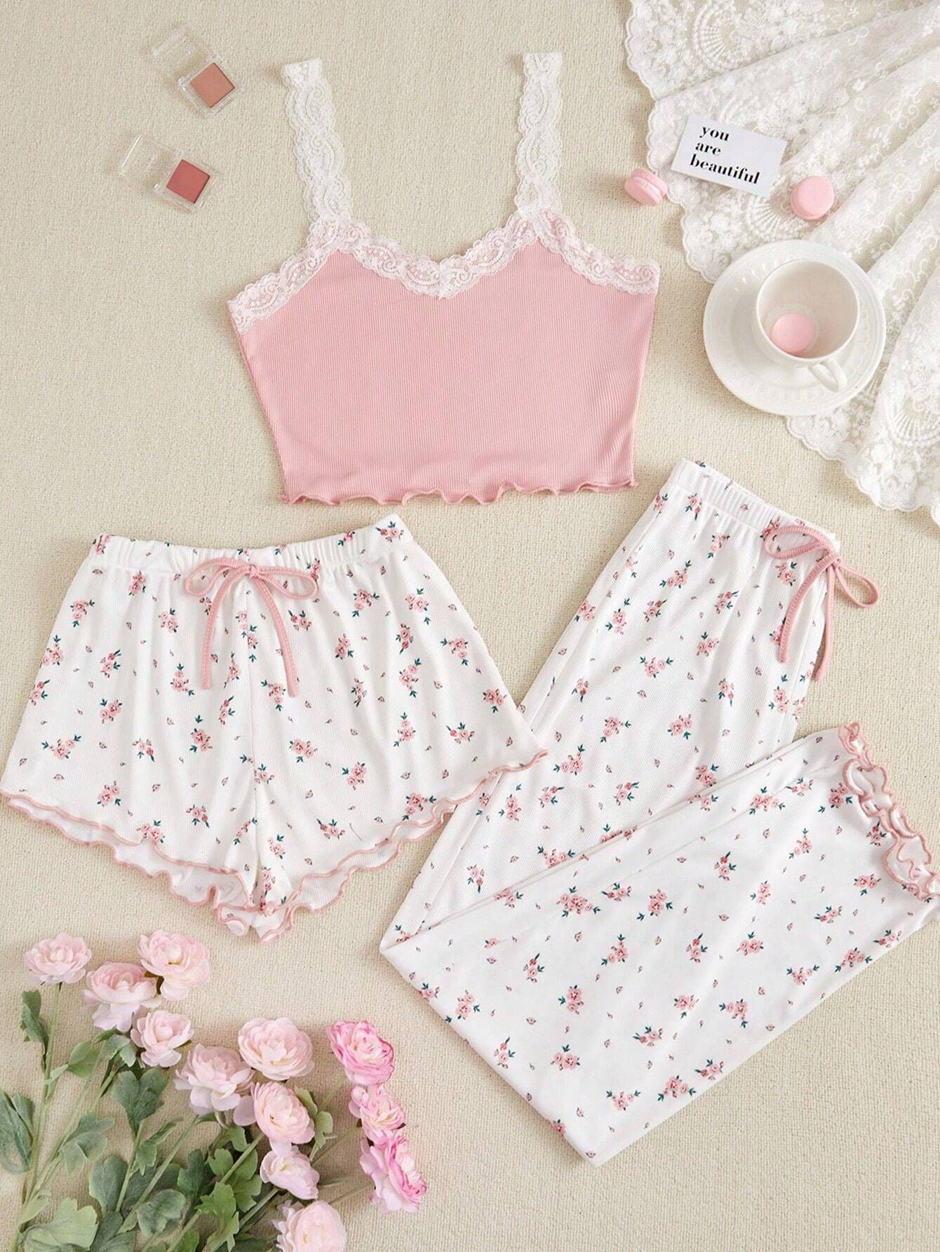 Sexy Floral Lace Sling Three-piece Set Pajamas