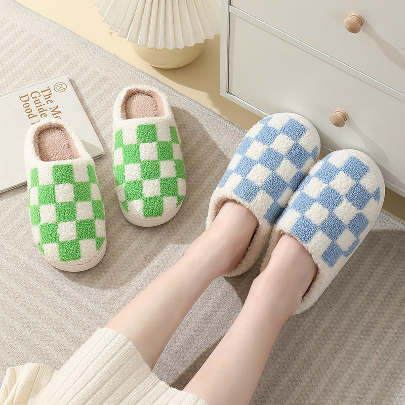 Checkerboard Print Floor Warm Cotton Slippers