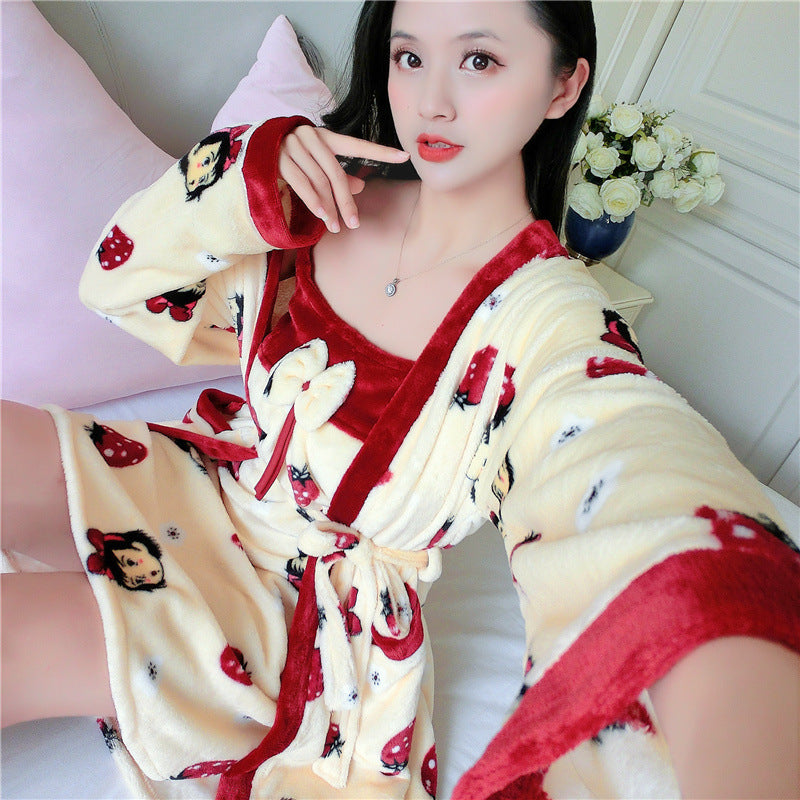 Thick Warm Long-sleeved Nightgown With Two-piece Suspenders