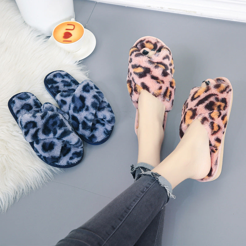 Cross-strap Fuzzy Slippers Leopard Plush House Shoes