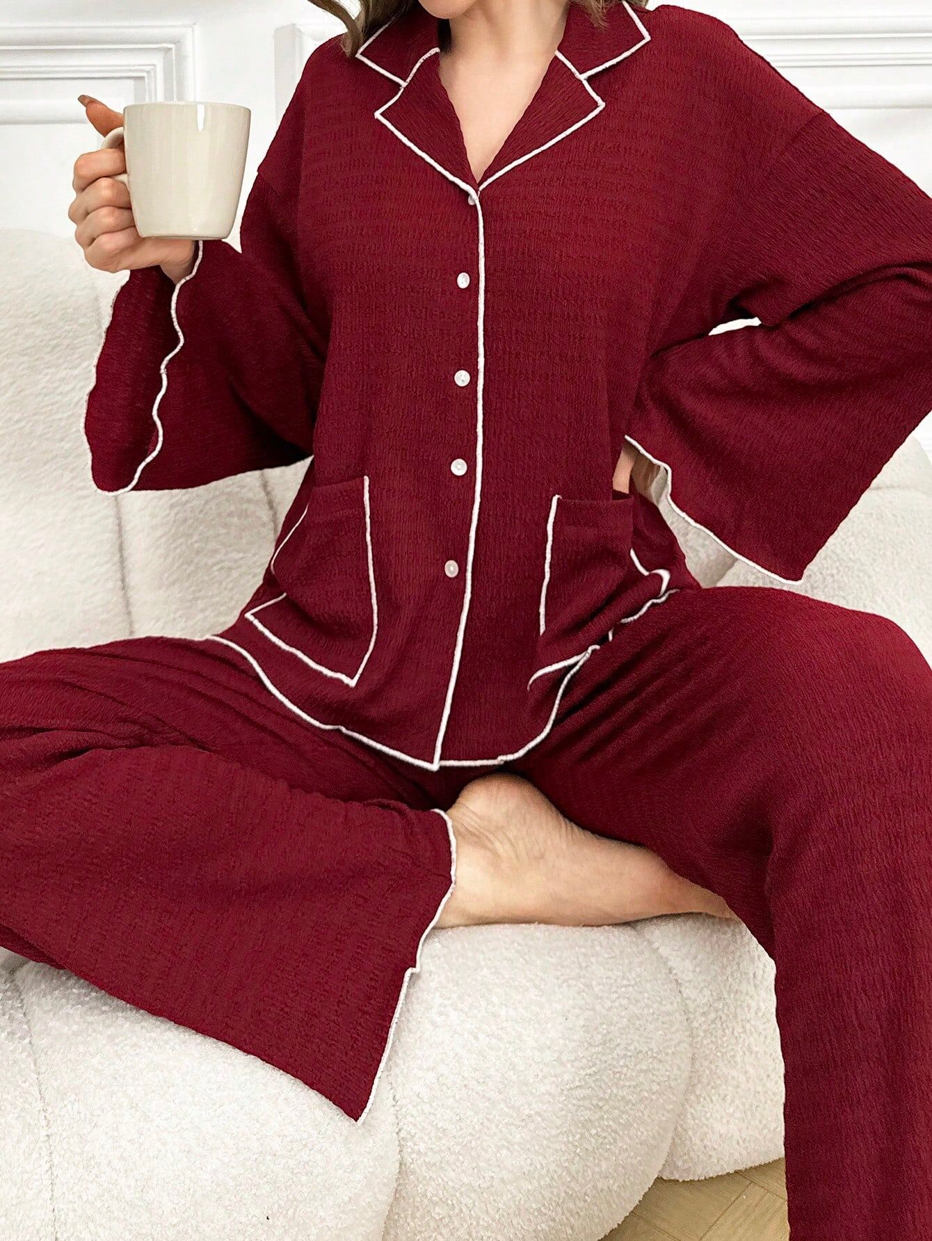 Textured Comfort Button-up Lounge  Pajama Set
