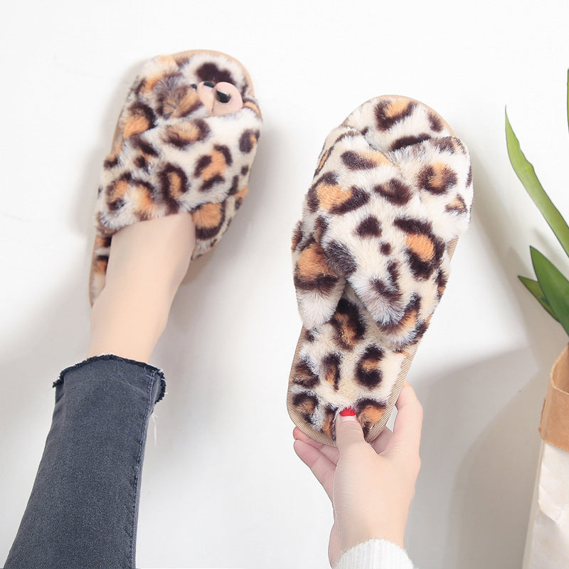 Cross-strap Fuzzy Slippers Leopard Plush House Shoes