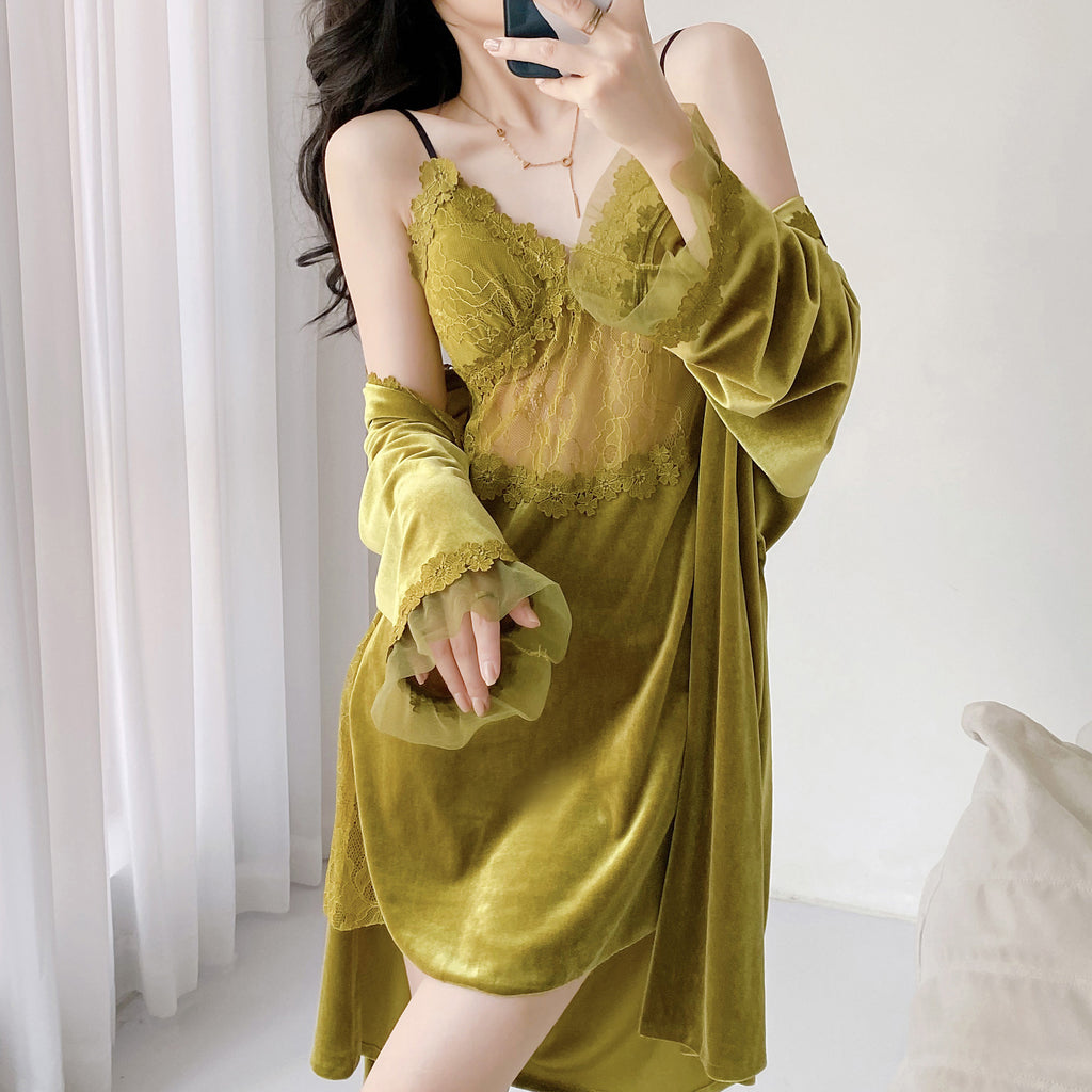 Long Sleeve Nightgown Sexy Lace Sling