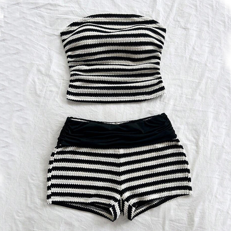 Stripes Tube Top & Shorts Pants Two-piece Set