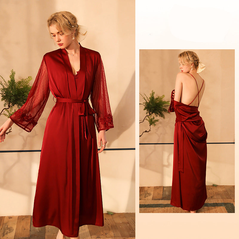 Sexy Satin Stitching Mesh Camisole Dress Two-piece