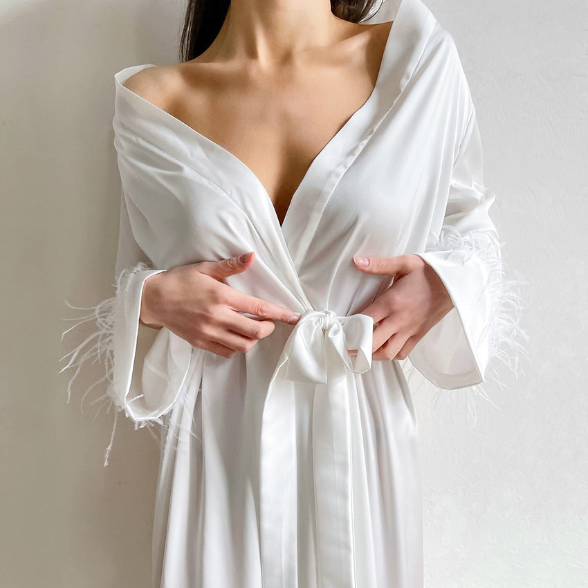 Women's Long Sleeve Feather Bow Satin Robe
