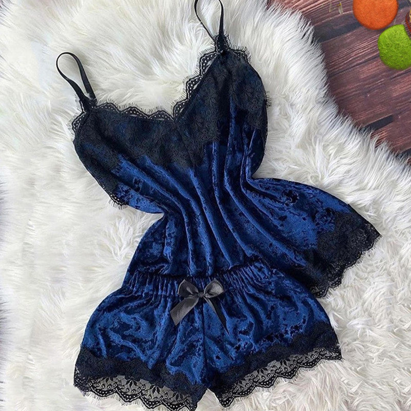 Gold Velvet Shorts Lace Pajamas