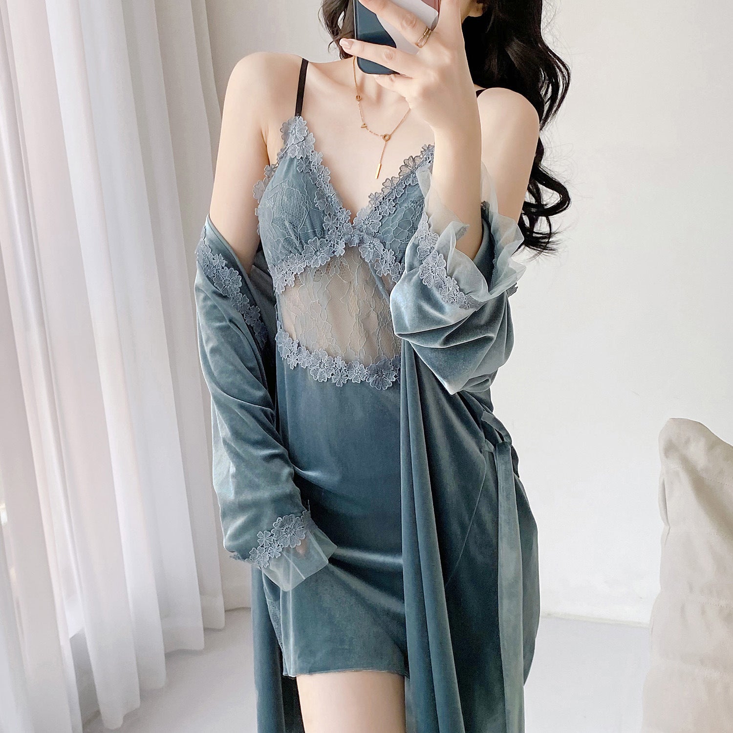 Long Sleeve Nightgown Sexy Lace Sling